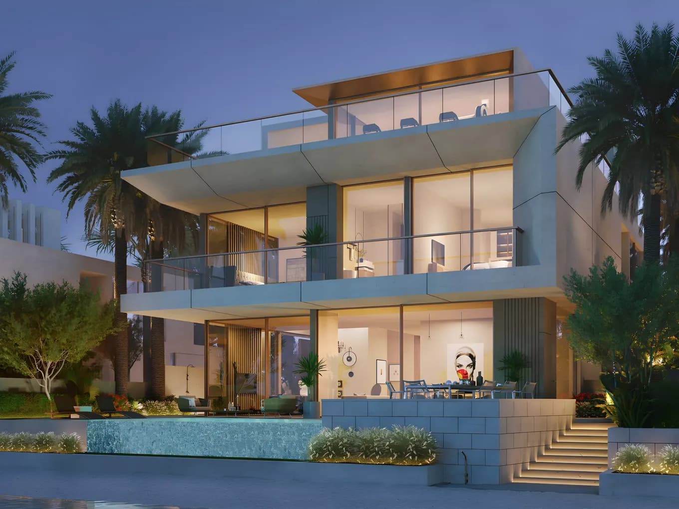 Modern glass-front villa with layered balconies, warm-lit interiors, palm trees, and a reflecting pool at twilight.