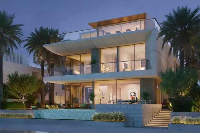 Modern glass-front villa with layered balconies, warm-lit interiors, palm trees, and a reflecting pool at twilight.