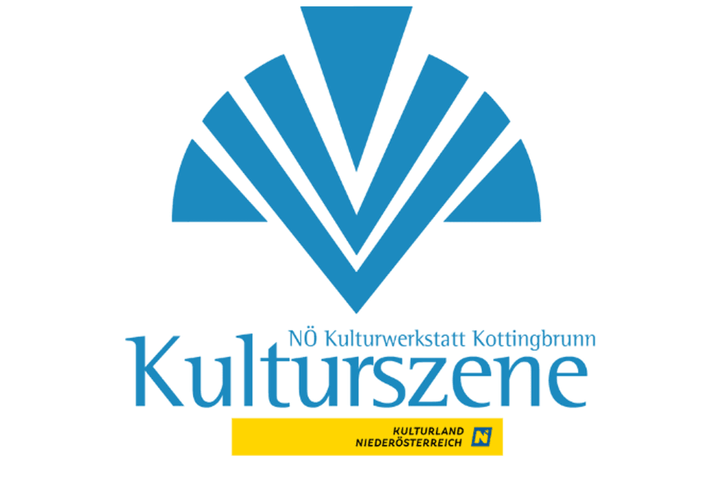 Logo der NÖ Kulturwerkstatt Kottingbrunn mit blauem Fächersymbol und Schriftzug 'Kulturszene', unten Kulturland Niederösterreich Branding
