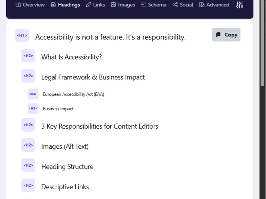 Screenshot of a webpage displaying a list of headings about accessibility, including "What Is Accessibility?" and "Legal Framework & Business Impact".