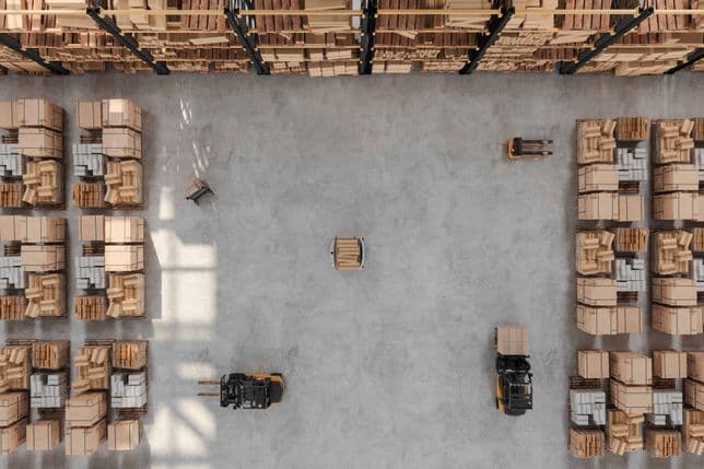 Aerial view of a warehouse with shelves of boxes, two forklifts moving pallets, and a package in the center on a concrete floor.