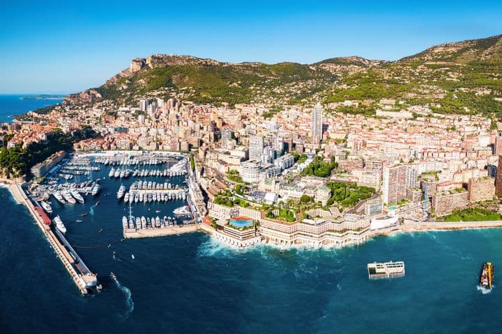 Aerial view of Monaco, a city-state on the French Riviera, with a harbor full of yachts and buildings stretching up a green hillside.