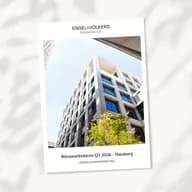 Tilted brochure cover featuring a tall modern office building with trees, Engel & Völkers Commercial logo, Hamburg Büromarktdaten Q3 2026.