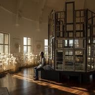 A woman sits in a sunlit room with window art. The room has wood floors and white walls.