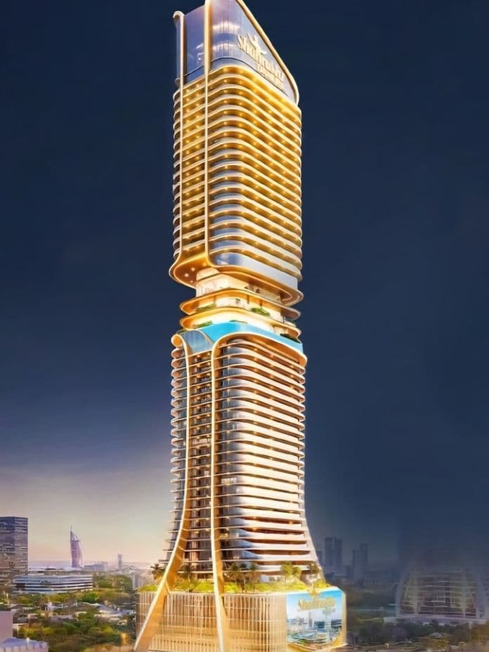 A dramatic night-time rendering of the Shahrukhz tower illuminated in gold, showcasing its signature curved architecture and elevated sky amenities against the city skyline.