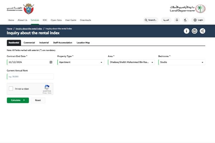 Mietindexformular auf der Website des Dubai Land Department
