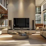 Großzügiger, moderner Wohnbereich mit weißen Sofaelementen, einem runden Couchtisch aus Holz, raumhohen Glasfronten und üppiger Begrünung im Außenbereich.