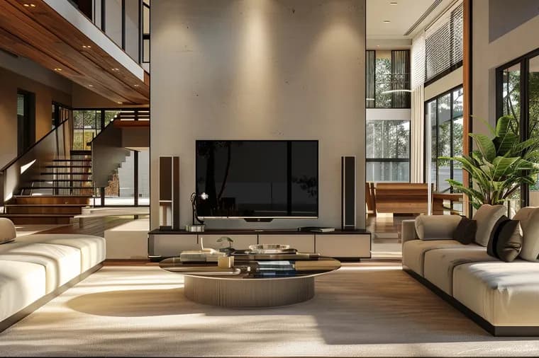 Spacious, modern living area with white sectional sofas, a round wooden coffee table, floor-to-ceiling glass walls and lush outdoor greenery.
