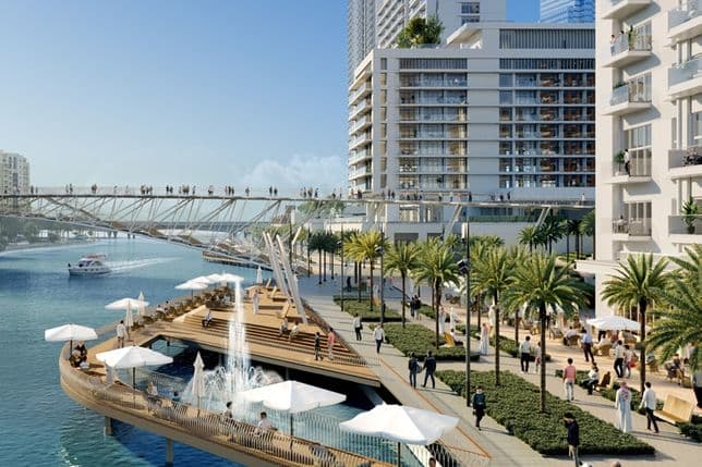 Uferpromenade mit Menschen, Palmen, Holzdeck und modernen Gebäuden. Eine Fußgängerbrücke überspannt das Wasser unter einem klaren blauen Himmel.