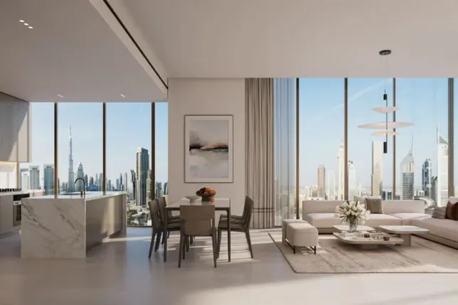 Modern open-concept living space with large windows offering a city skyline view, featuring a kitchen, dining area, and a cozy seating arrangement.