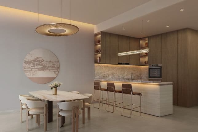 Modern kitchen and dining area with wooden cabinets, marble countertops, bar stools, round dining table, chairs, and a large decorative wall piece.