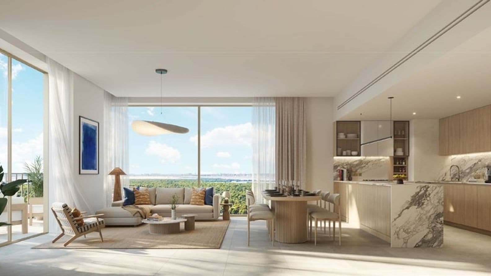 Stylish living room and kitchen in light-toned finishes with panoramic windows, soft furnishings, marble accents, and open dining space overlooking greenery.