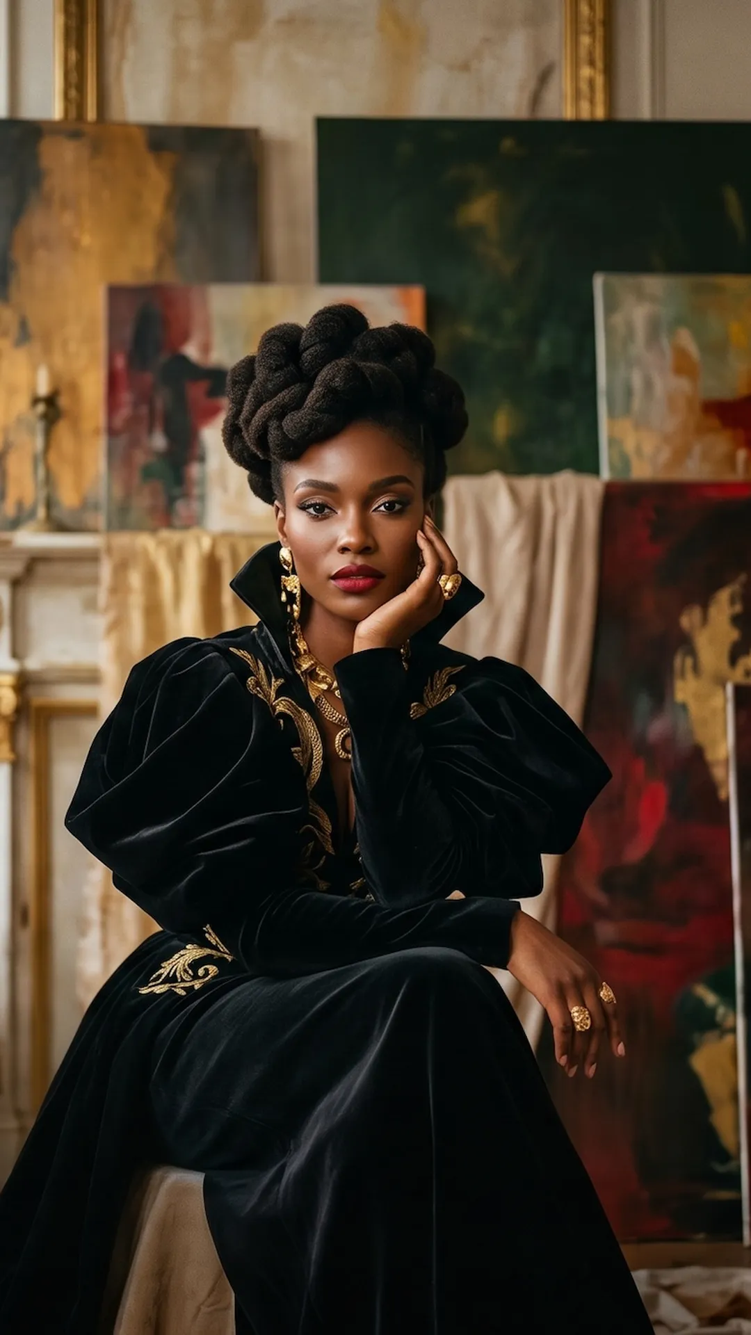 Woman posing in front of painting in glamorous outfit Immagine generata dall'intelligenza artificiale
