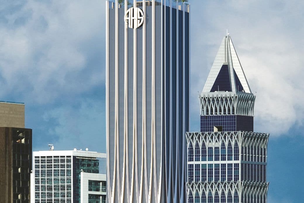 AHS Tower externally in the daytime, a medium close-up shot