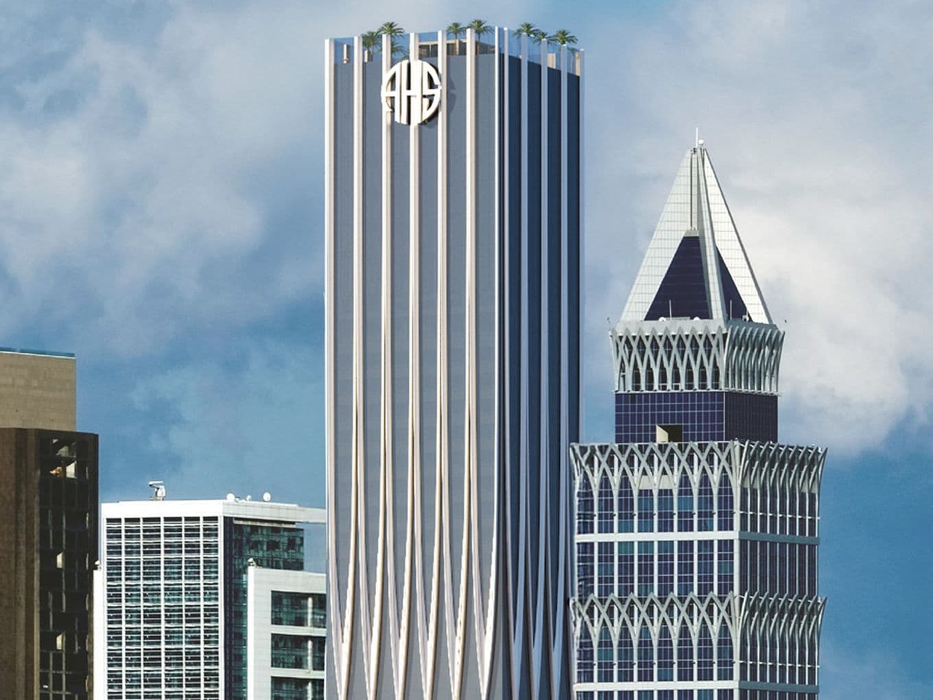 AHS Tower externally in the daytime, a medium close-up shot