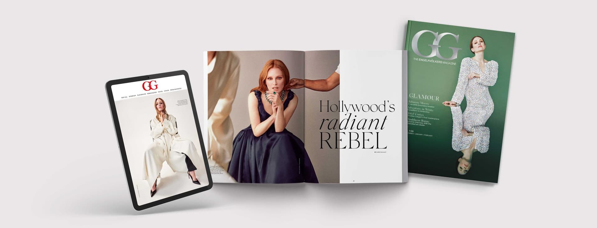 Mockup of the GG Magazine cover and cover story with Julianne Moore.