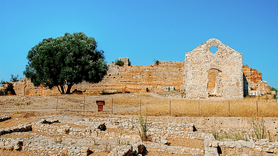 Ancient stone ruins with a partially standing structure, surrounded by dry grass and a large tree under a clear blue sky.