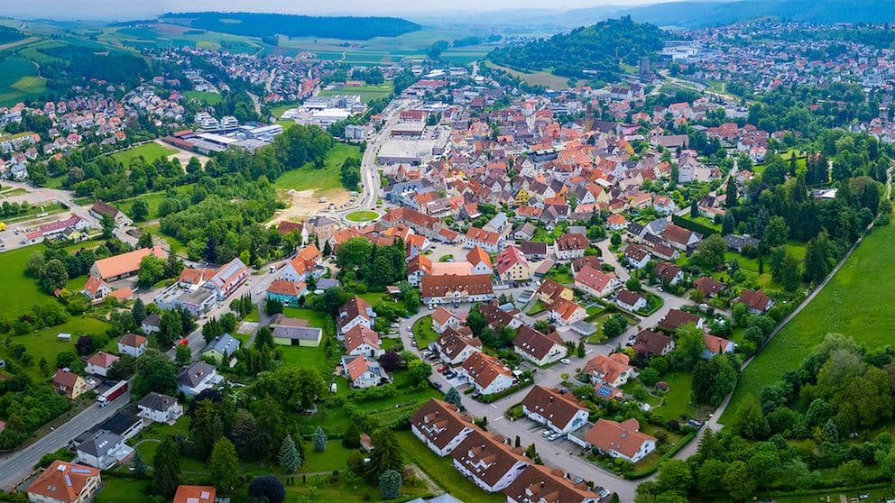 Aerial view of Bopfingen with historic old town, residential areas and the distinctive Ipf hill in Germany