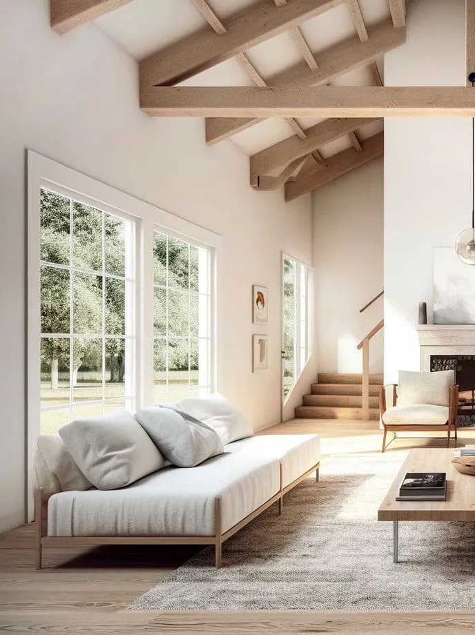 A modern living room with high ceilings, exposed wooden beams, large windows, white walls, and a neutral-toned sofa with cushions. There are stairs in the background leading to the upper level.