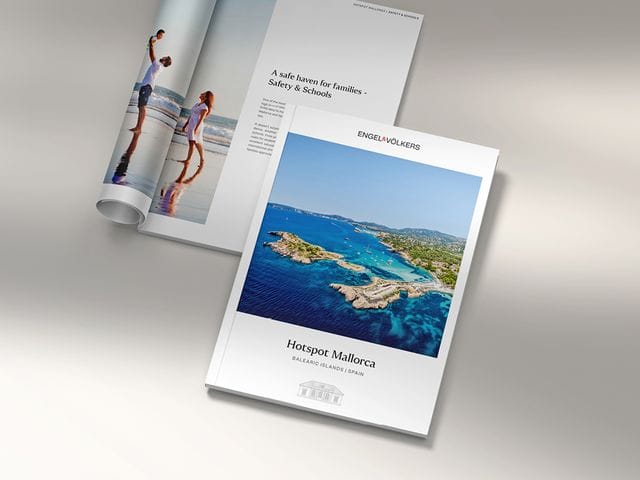 A beautifully designed brochure cover featuring scenic views of Mallorca's coastline, with rolling hills, lush greenery.