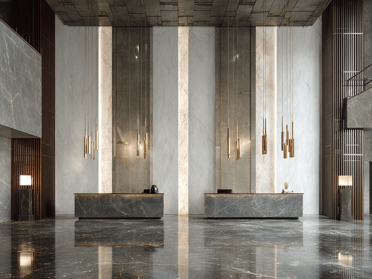 Luxurious hotel lobby with marble floors, two modern reception desks, and hanging gold pendant lights on high ceilings.
