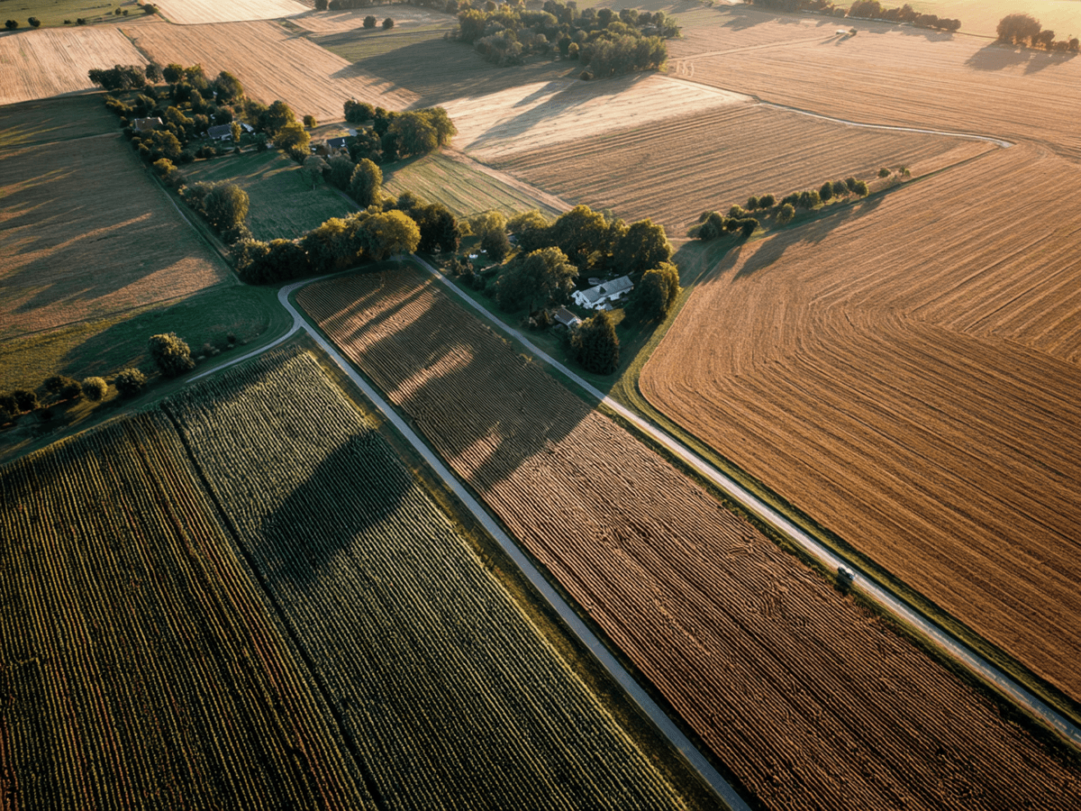 Aerial view of vast farmland with various crop fields, intersecting roads, and scattered trees, all under a warm, golden light.