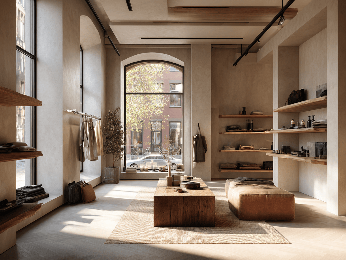 A modern, minimalist clothing store with natural light, wooden shelves, racks of clothes, and a central lounge area with a bench and table.