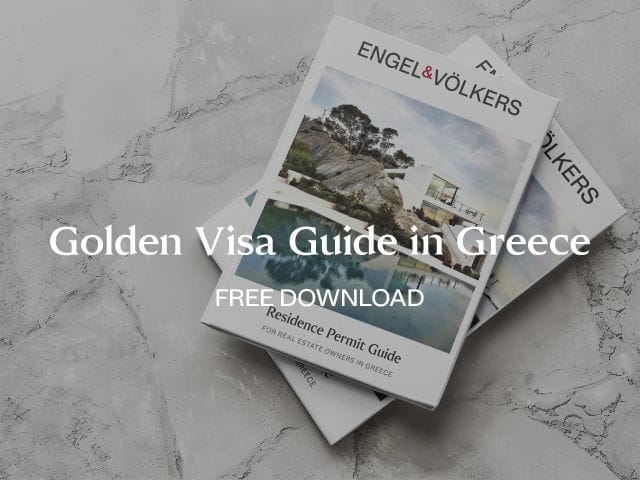 Cover of "Golden Visa Guide in Greece" with a modern house and pool image. Text reads "FREE DOWNLOAD" and "Residence Permit Guide."