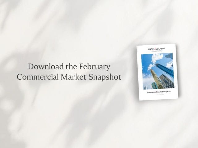Floral shadow on light background with "Download the February Commercial Market Snapshot" text beside an upward view cityscape brochure.