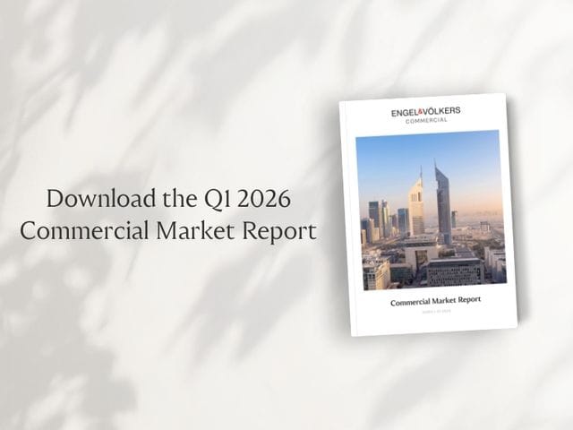 Text reads "Download the Q1 2026 Commercial Market Report" against a light background with shadow patterns and a report cover featuring skyscrapers.