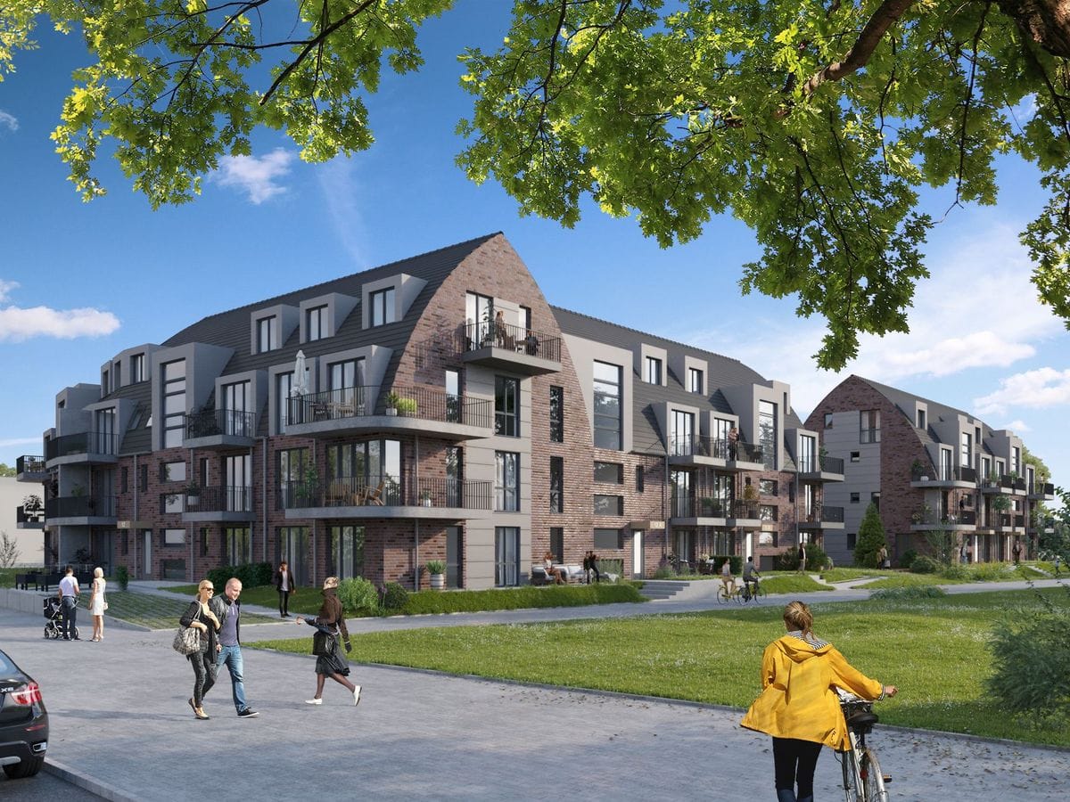 New residential buildings of the Kopperboog project with green space, people walking and trees in Wellingsbüttel