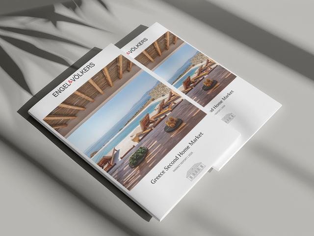 Overlapping Engel & Völkers real estate catalogs featuring Greece Second Home Market with poolside deck photos.