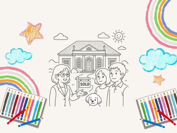 Painting of a house, in front a real estate agent with clients and a dog in anime style