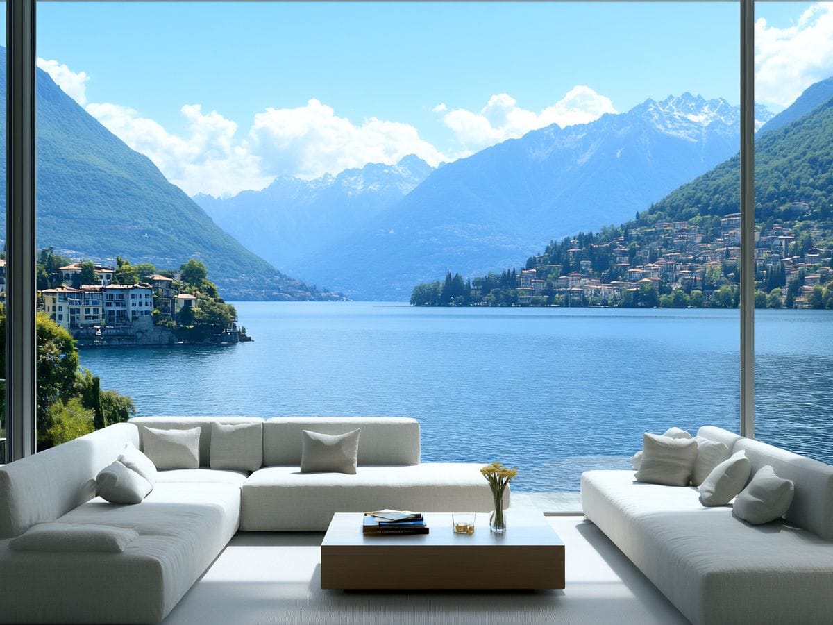 Interno di una casa moderna affacciata sul lago, con ampia vetrata panoramica, arredi minimalisti in tonalità bianco e luce naturale che illumina l’ambiente.