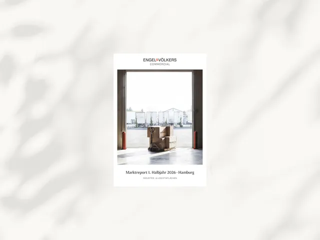 Engel & Völkers Commercial cover featuring a warehouse doorway, stacked boxes, and a pallet jack; Hamburg market report.