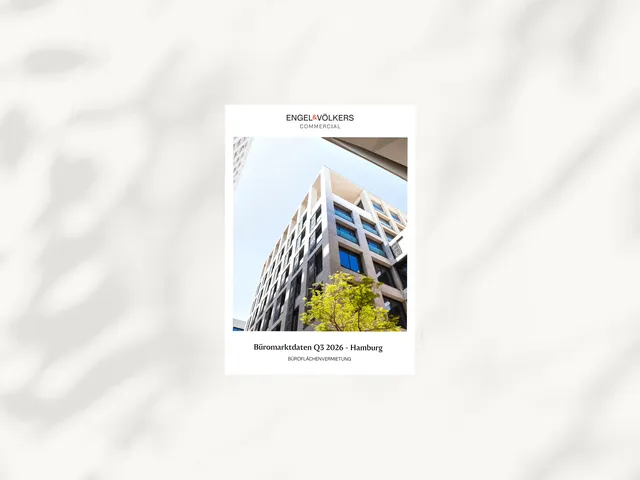 Vertical brochure cover for Engel & Völkers Commercial, featuring a modern building photograph.