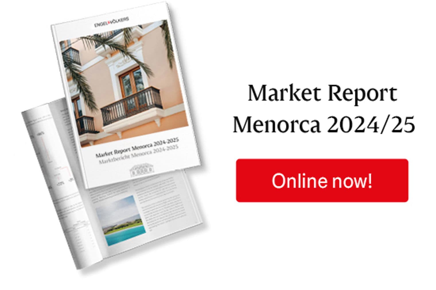 Engel & Völkers "Market Report Menorca 2024/25" cover featuring a building with balconies and palm trees.