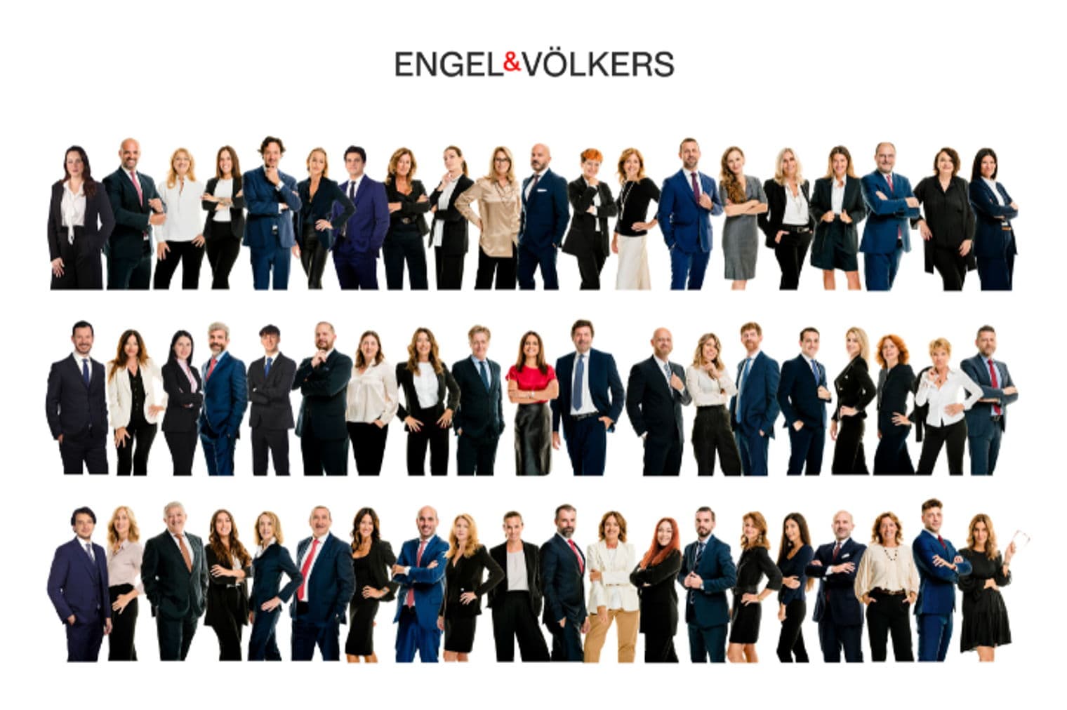 Engel & Völkers Teamfoto. Drei Reihen von diversen Immobilienmaklern in Geschäftskleidung vor einem weißen Hintergrund.