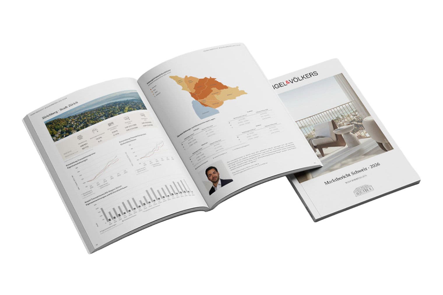 Three Engel & Völkers real estate market reports, one open with charts and a map, one with a balcony view.