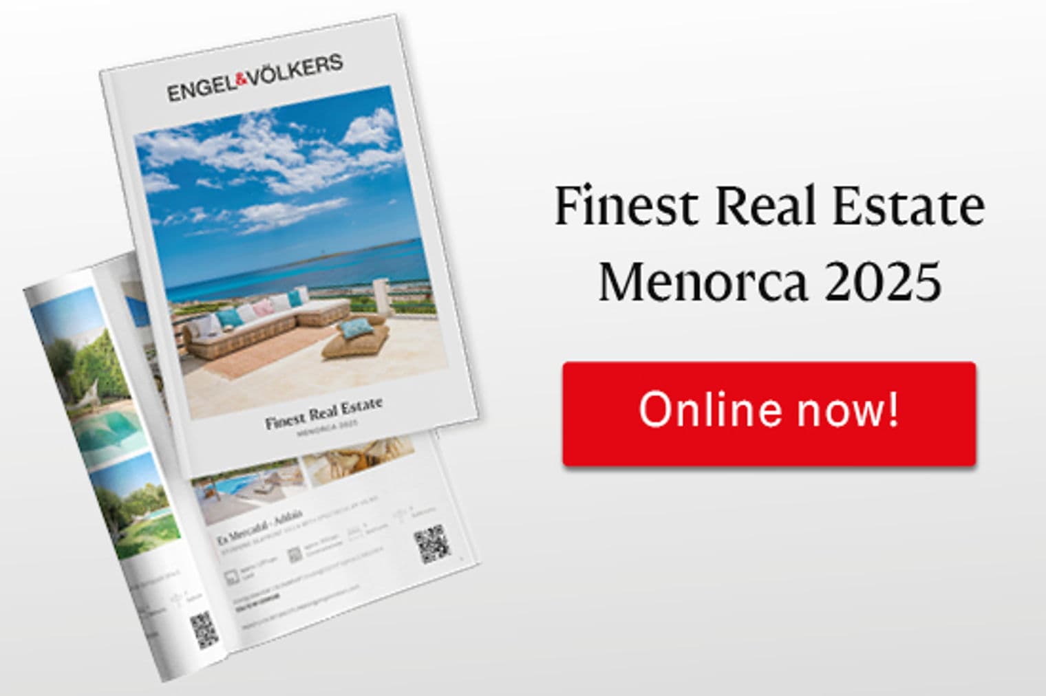 Engel & Völkers real estate catalog, "Finest Real Estate Menorca 2025," featuring a coastal property with ocean view.