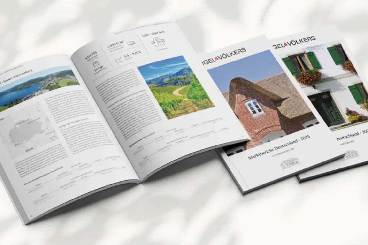 Real estate brochures open, showing property photos and market data. Covers feature homes with thatched roofs and flower boxes.