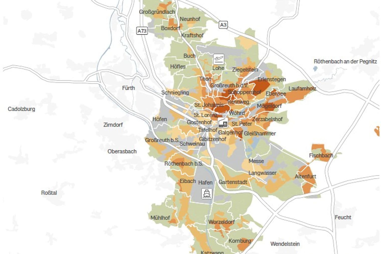 Karte von Nürnberg, Deutschland, die Stadtteile in Grün-, Orange- und Weißtönen zeigt. Straßen und Sehenswürdigkeiten sind beschriftet.