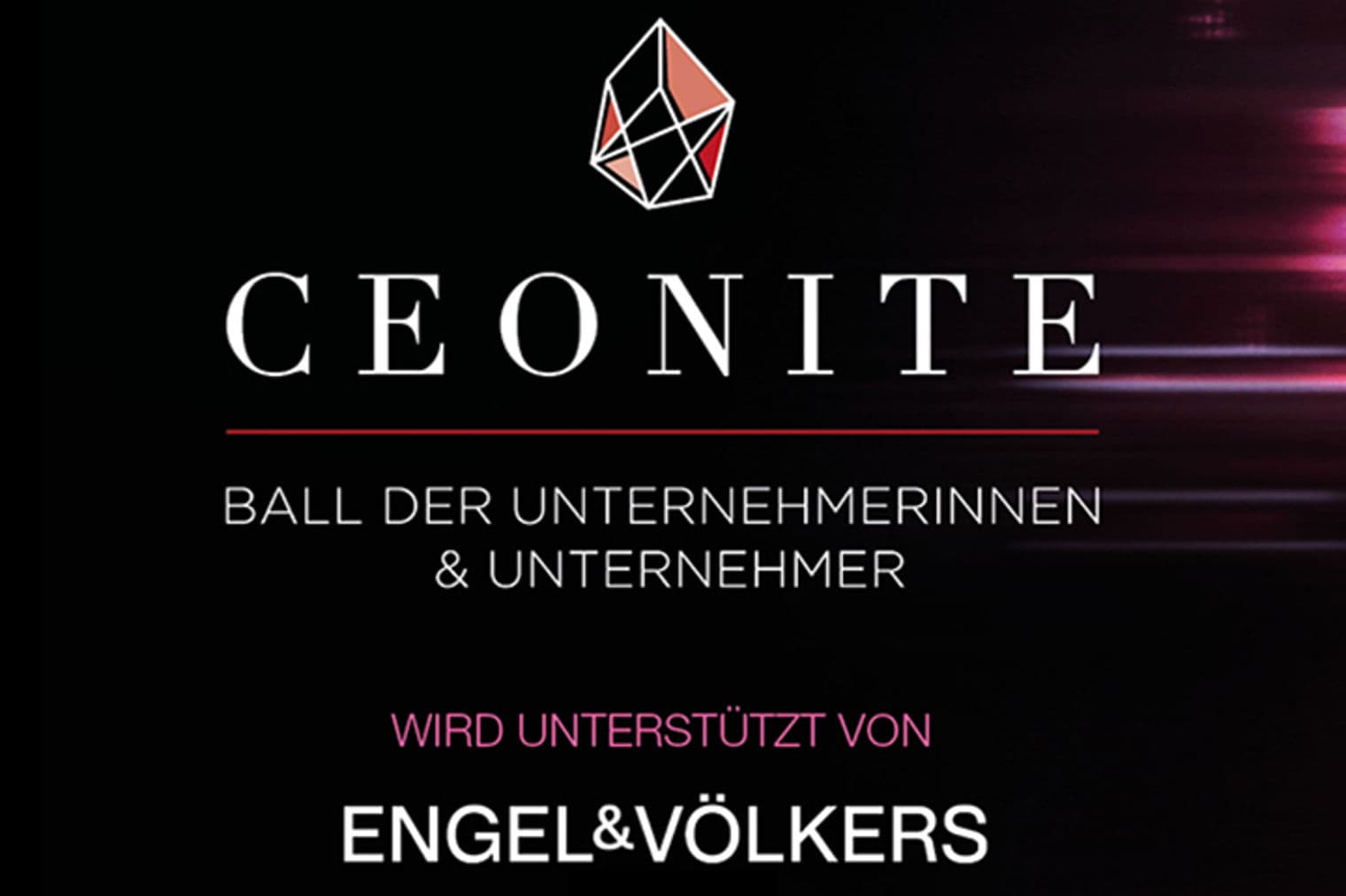 Event-Poster für den "Ceonite Ball der Unternehmerinnen & Unternehmer", gesponsert von Engel & Völkers, mit einem geometrischen Logo.