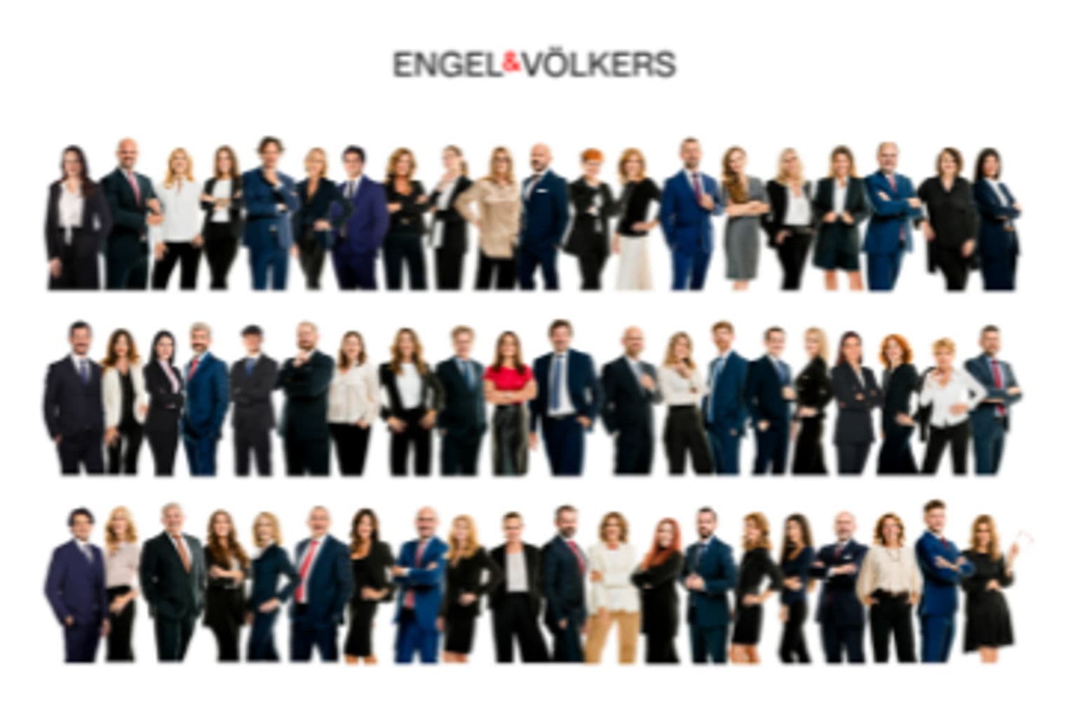 Engel & Völkers real estate team photo. Three rows of diverse agents in business attire against a white background.