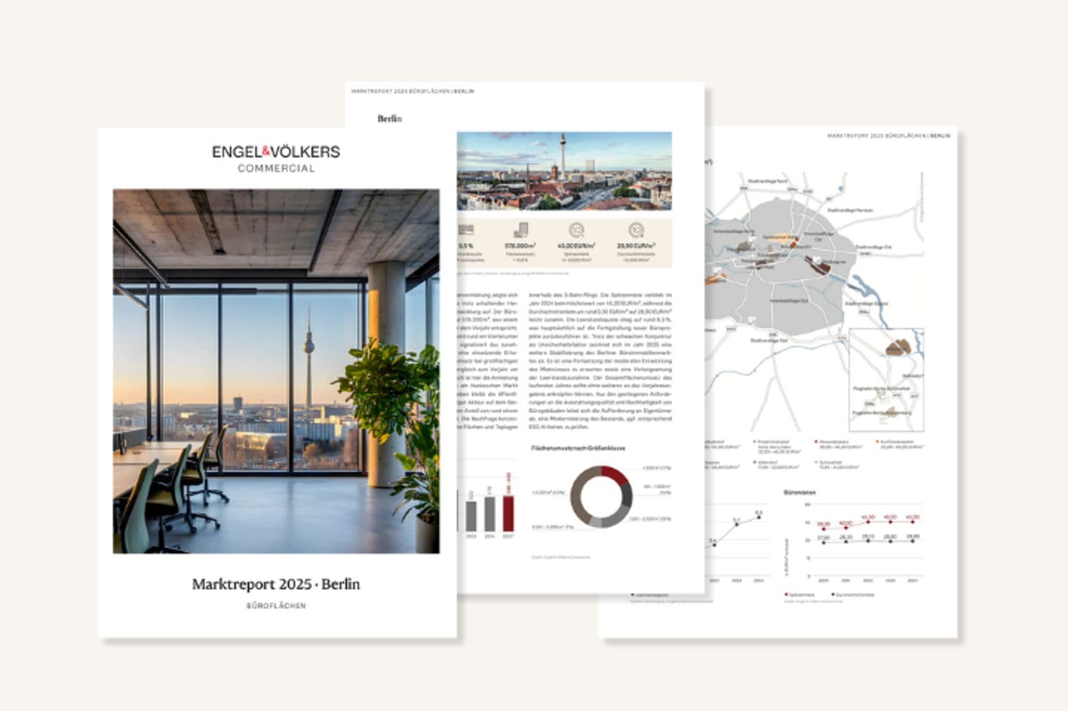 Three real estate market reports are stacked, featuring Engel & Völkers branding, Berlin skyline views, and market data charts.