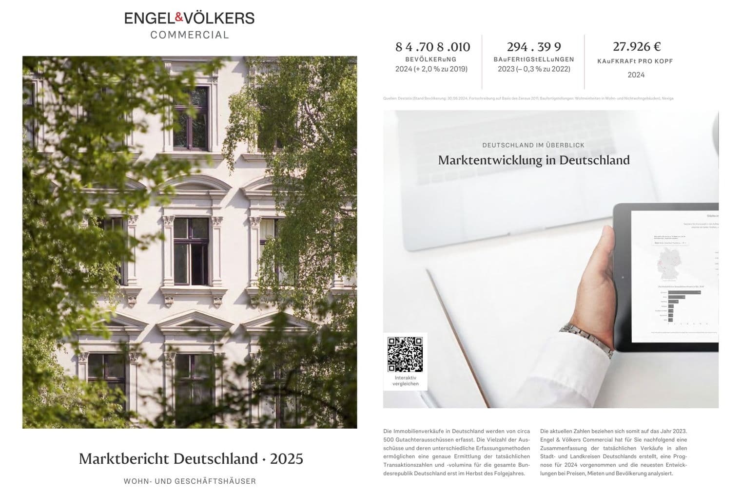 Weiße Gebäudefassade mit dunklen Fenstern, umrahmt von grünen Bäumen, für den Engel & Völkers Gewerbeimmobilienmarktbericht.