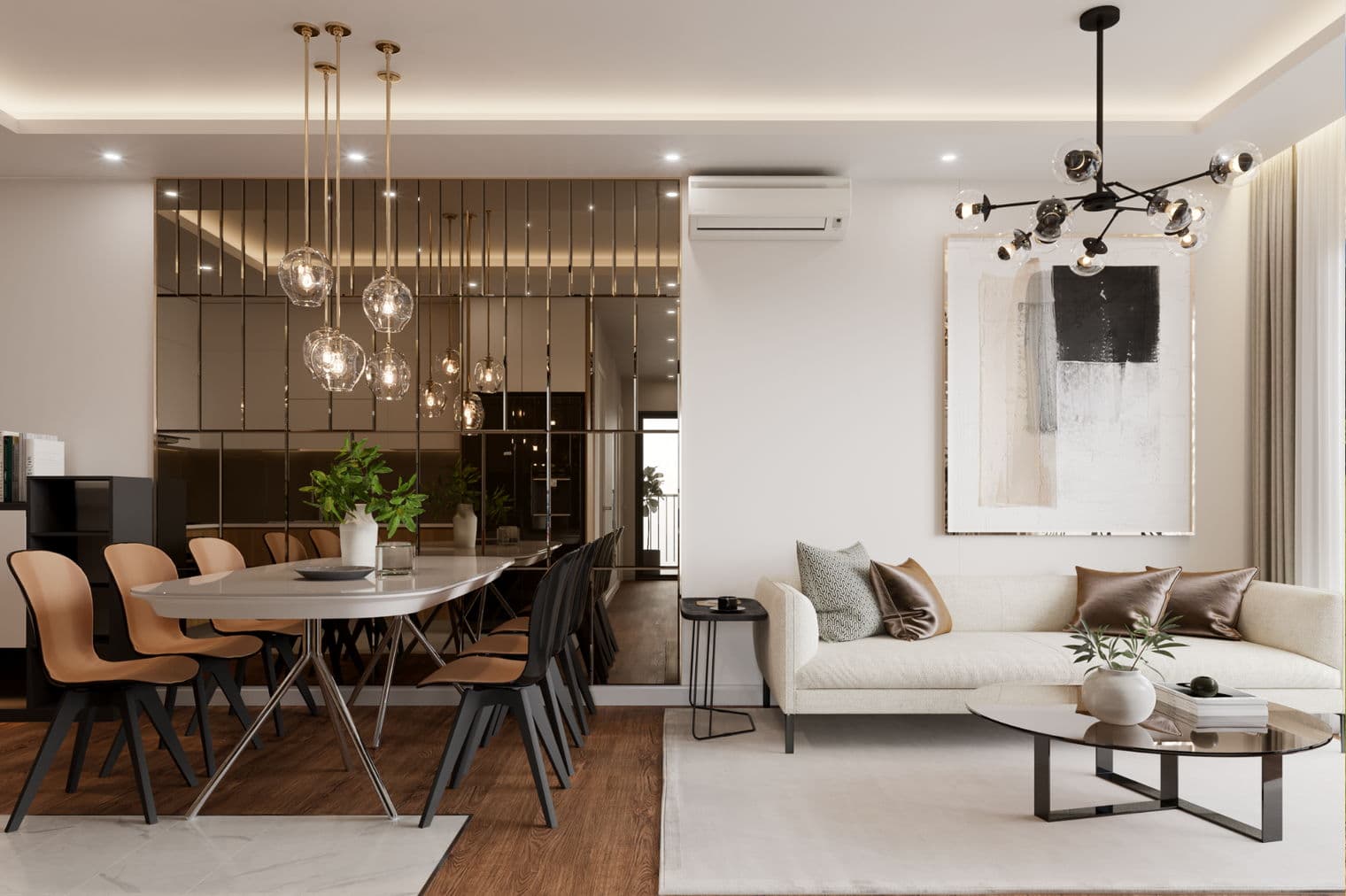 A modern living and dining area with a white sofa, glass coffee table, and dining table with tan chairs. A mirrored wall reflects the space.