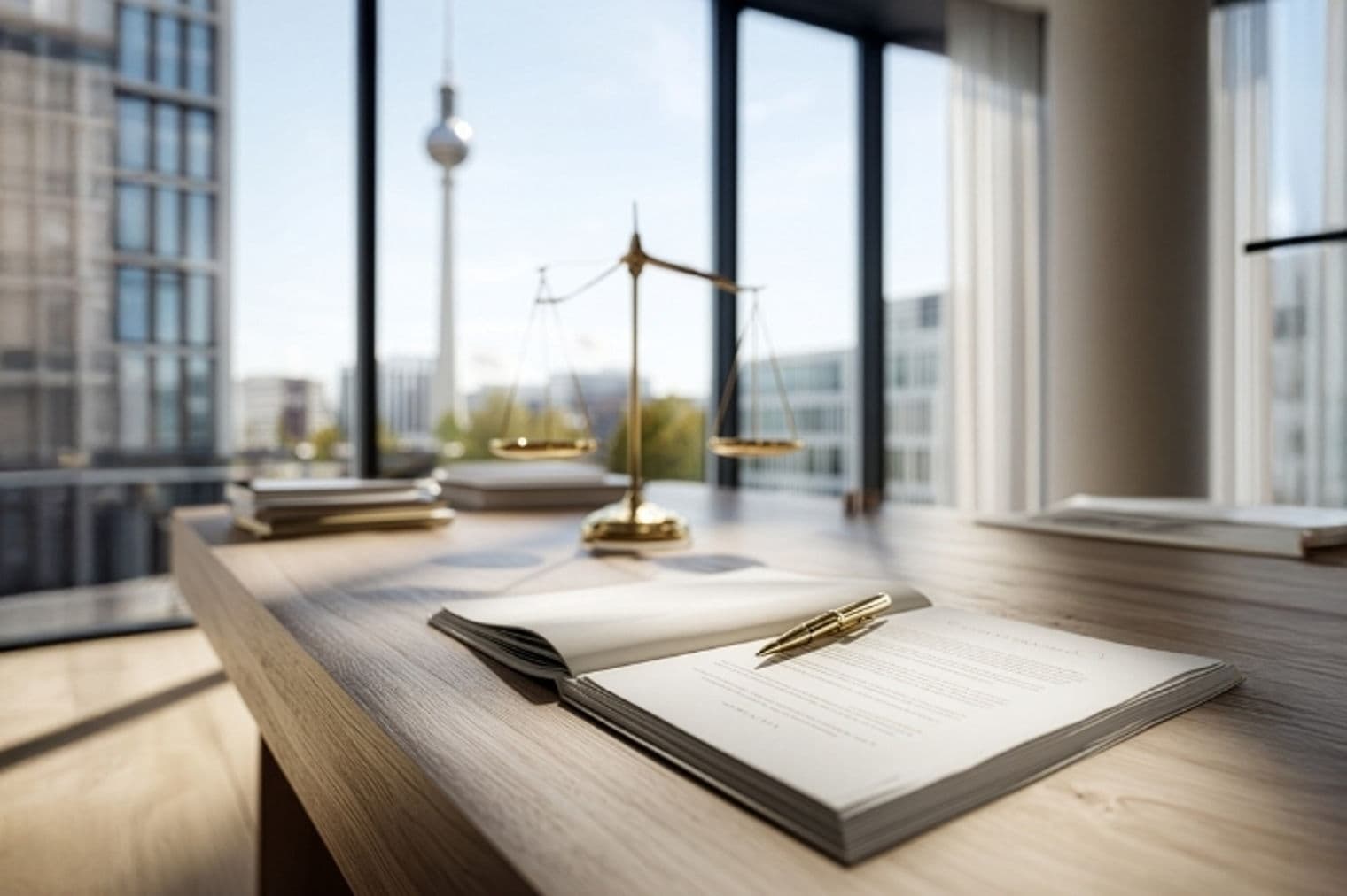 Office desk with a contract, pen, and scales of justice. A city skyline is visible through the window.