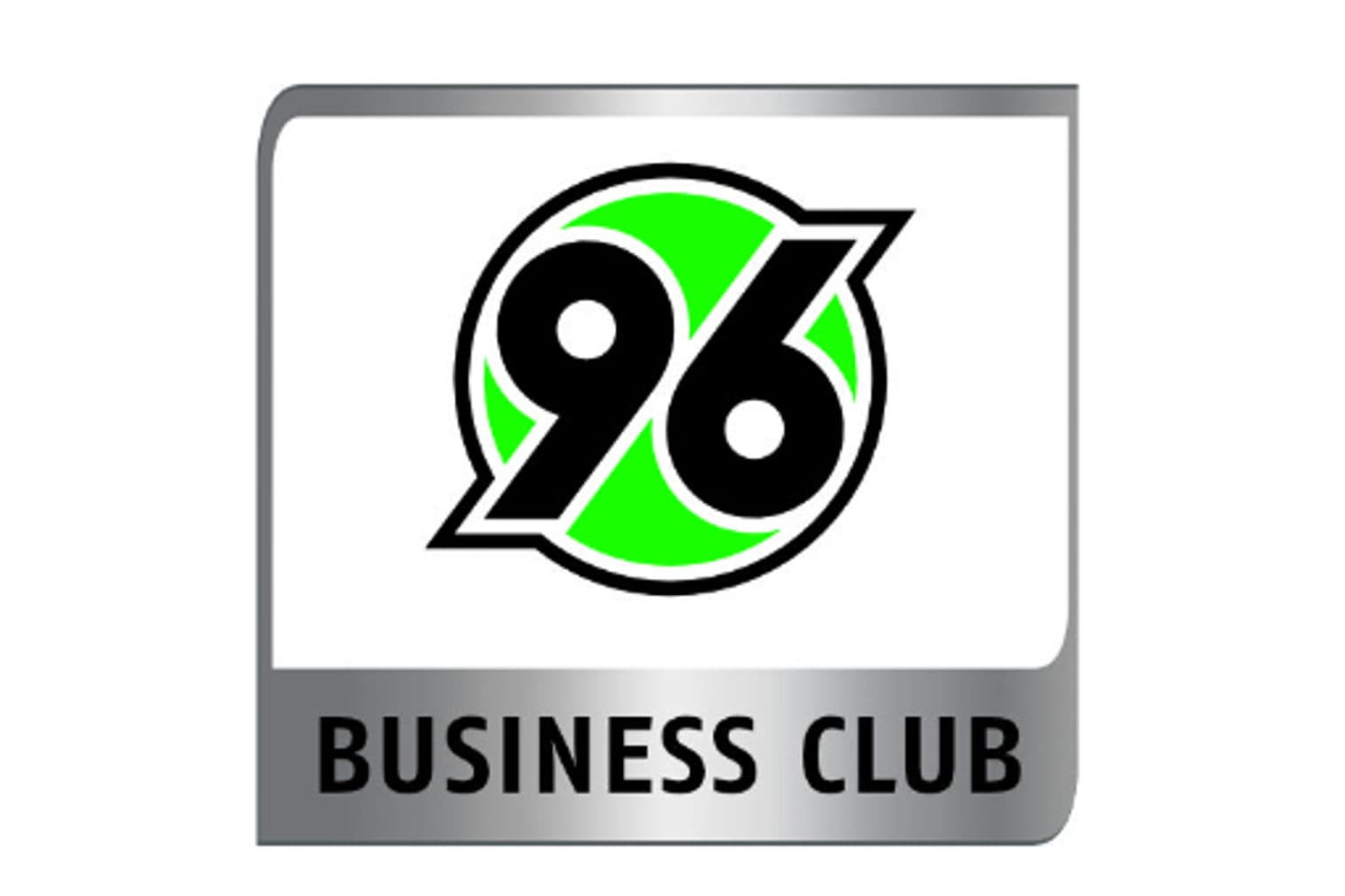 Hannover 96 Business Club Logo. Die Zahl "96" ist schwarz und befindet sich vor einem grünen Kreis. "BUSINESS CLUB" steht in weißer Schrift auf einem grauen Balken.