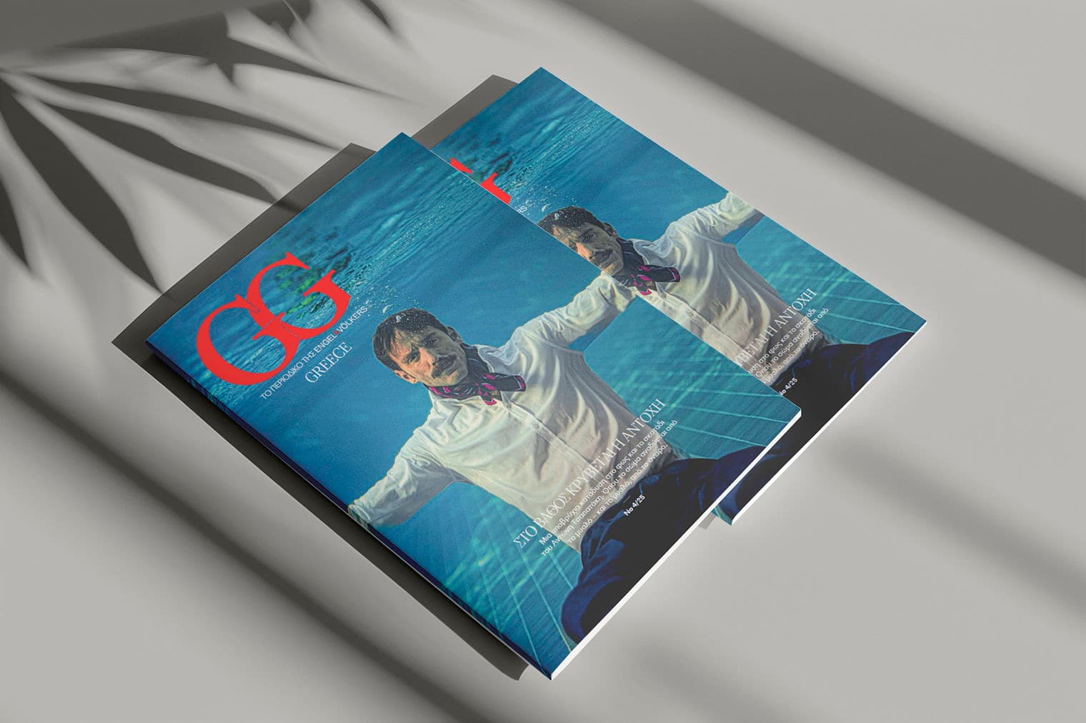 Δύο περιοδικά Engel & Völkers Ελλάδας με έναν άντρα να κολυμπάει υποβρυχίως στο εξώφυλλο. Κόκκινο λογότυπο και ελληνικό κείμενο. Σκιά από φύλλο φοίνικα σε γκρίζα επιφάνεια.